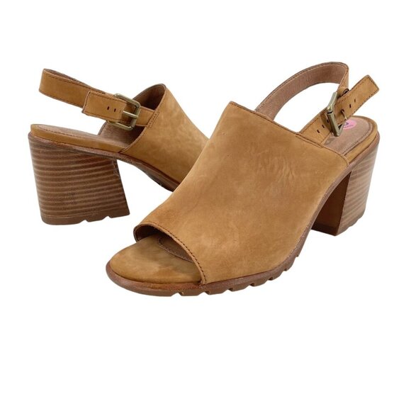Sorel Nadia Camel Suede Block Heel Open Toe Slingback Sandals Heels Womens 9 - Picture 1 of 9
